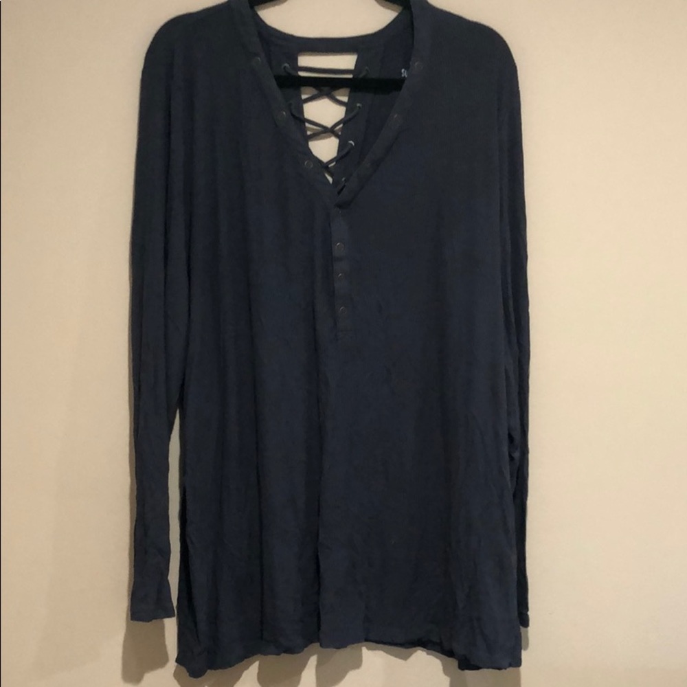 Torrid Gray Henley V-Neck Cross Back Long Sleeve